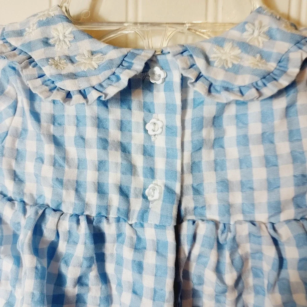 Tahari Gingham Dress Kids 3-6M Blue Smocked Peter Pan Collar Floral Embroidered